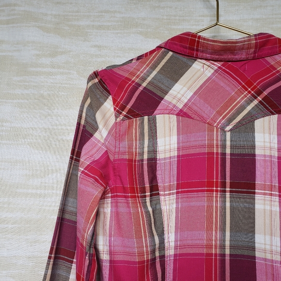 S hot pink plaid snap button-down western shirt - Picture 2 of 4